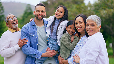 Buy stock photo Park portrait of grandparents, happy kids and parents, smile and bonding adventure in nature. Hug, fun or memory for big family on picnic, men and women with children in garden with love, mom and dad