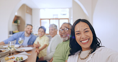 Buy stock photo Home, selfie and family with celebration, smile or festive season with a Christmas meal, bonding together or generations. Portrait, grandparents or mother with father, child or kid with food or lunch