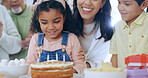 Child with birthday cake, candles and happy family to celebrate with smile, fun and love together in home. Care, gift and congratulations, mom and grandparents at kids party with excited children.