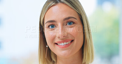 Buy stock photo Woman, portrait and smile as closeup for relax happy, proud or casual pose. Female person, face and confident attitude or bright mood as positive living for attractive or cheerful joy, calm in Canada