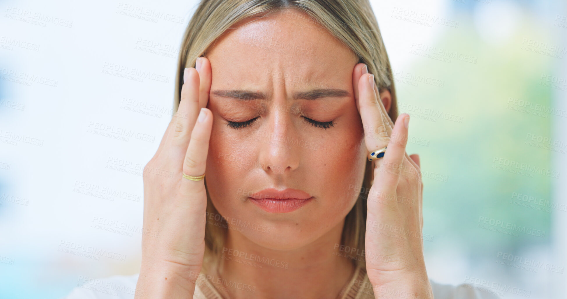 Buy stock photo Business, woman and headache in office with stress, burnout and risk in corporate company from migraine. Person, employee or entrepreneur with burnout, anxiety or discomfort from strain at workplace