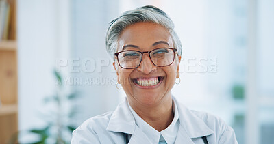 Buy stock photo Woman, portrait and hospital doctor with smile for healthcare services, clinic consulting and help. Face of mature surgeon, expert therapist and medical professional with trust, glasses or experience