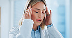 Doctor, woman and headache in office with burnout, stress and risk at hospital or clinic from migraine. Person, employee or professional with wellness, anxiety or discomfort from strain at workplace