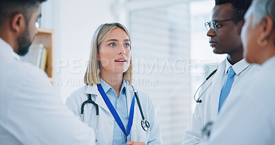 Buy stock photo Group, professional woman and doctors meeting, planning or cooperation on medical help, clinic service or healthcare. Discussion, leader and team surgeon, nurses or medicine expert consulting on plan