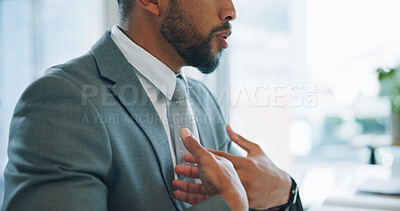 Buy stock photo Hands, management and explain with a business man closeup in the office for a professional workshop. Coaching, training or talking with an employer in the workplace for a corporate discussion
