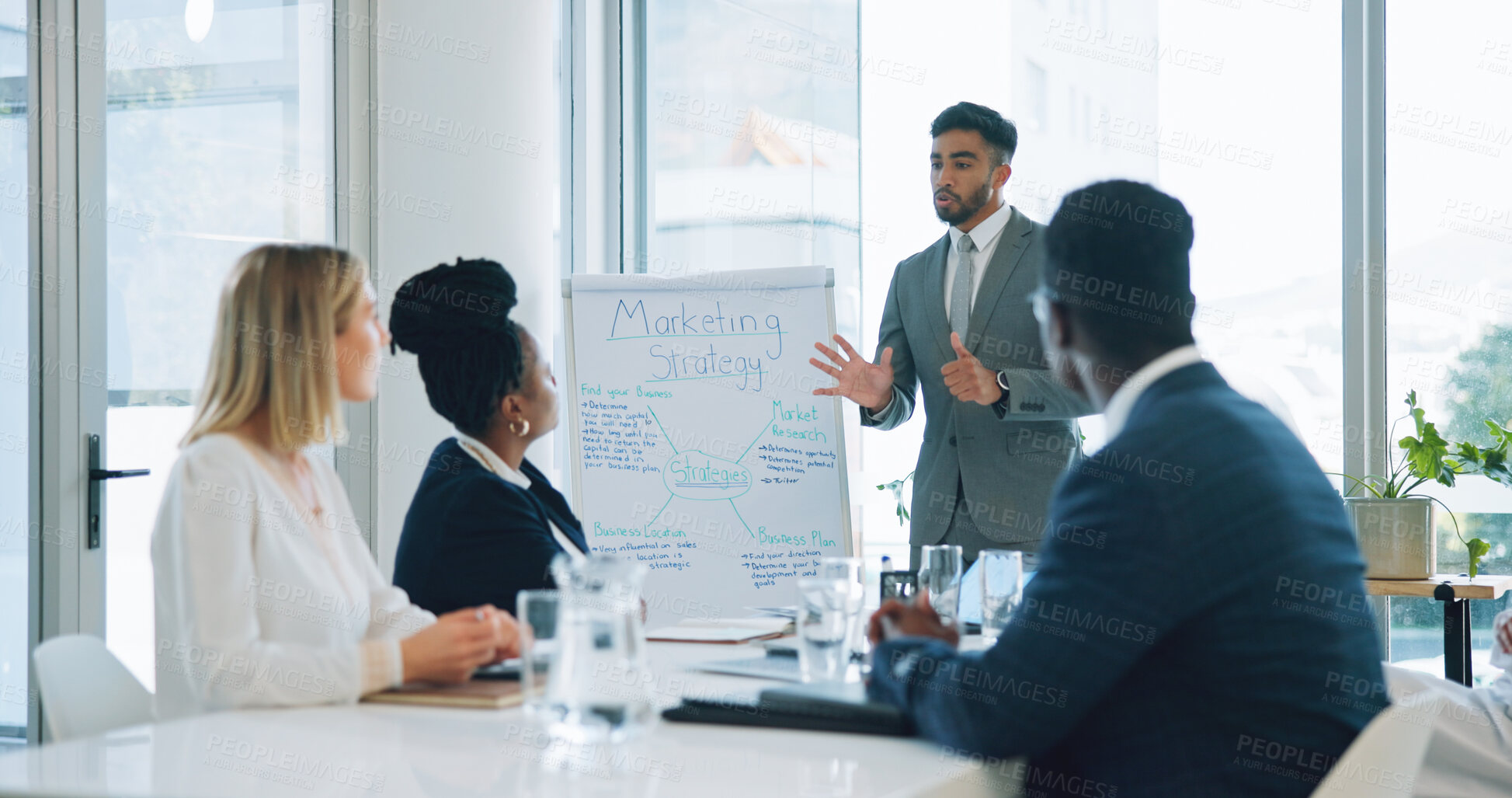 Buy stock photo Business people presentation, whiteboard and man consulting, advertising pitch and explain strategy, plan or ideas. Speaker, project management and board of director, group or team listen to proposal