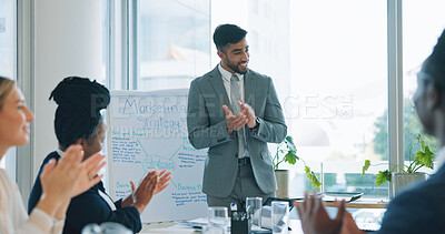 Business people presentation, happy man and celebration applause for advertising pitch, success or achievement. Praise, congratulations and board of director, group or team clapping for proposal idea