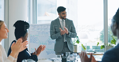 Buy stock photo Business people presentation, happy man and celebration applause for advertising pitch, success or achievement. Praise, congratulations and board of director, group or team clapping for proposal idea