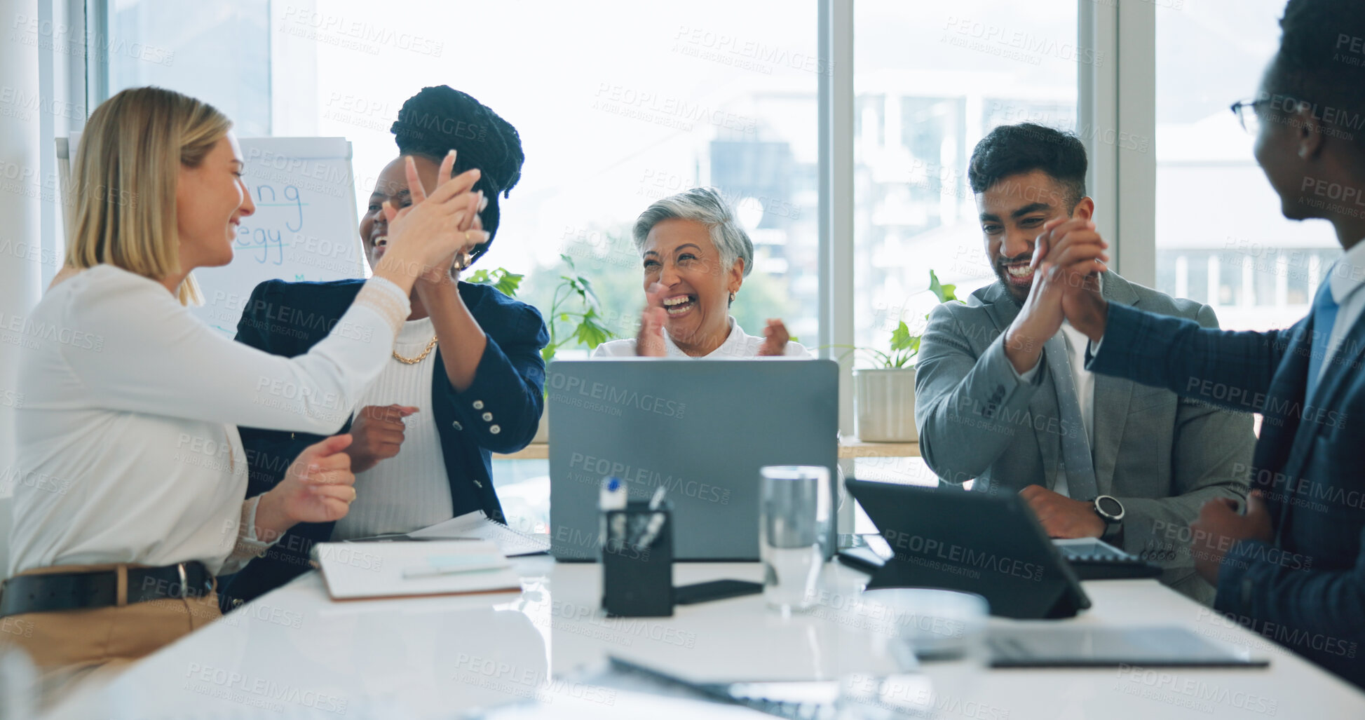 Buy stock photo Laptop, group celebration or business people excited for accomplishment, sales profit or online achievement. Investment deal success, winner high five or celebrate results, feedback email or web news