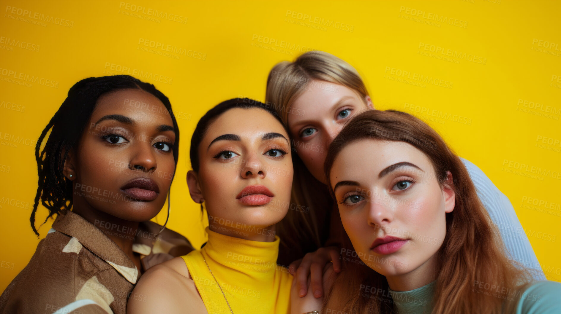 Buy stock photo Diverse, group and youth portrait of young students or a friends for inclusivity and diversity. Confident, people or best friends taking a selfie together, having fun for protest or human rights