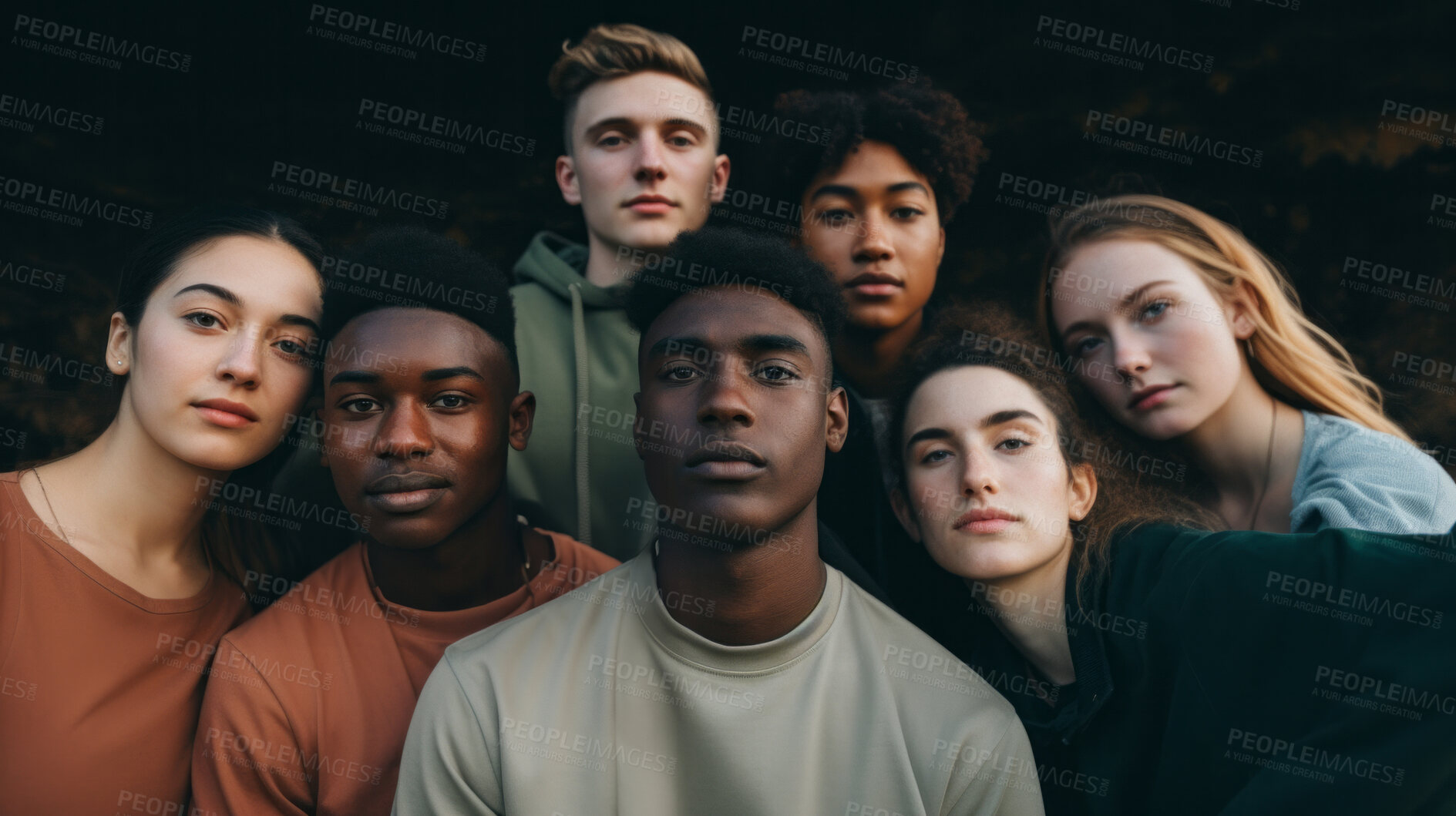 Buy stock photo Diverse, group and youth portrait of young students or a friends for inclusivity and diversity. Confident, people or best friends taking a selfie together, having fun for protest or human rights