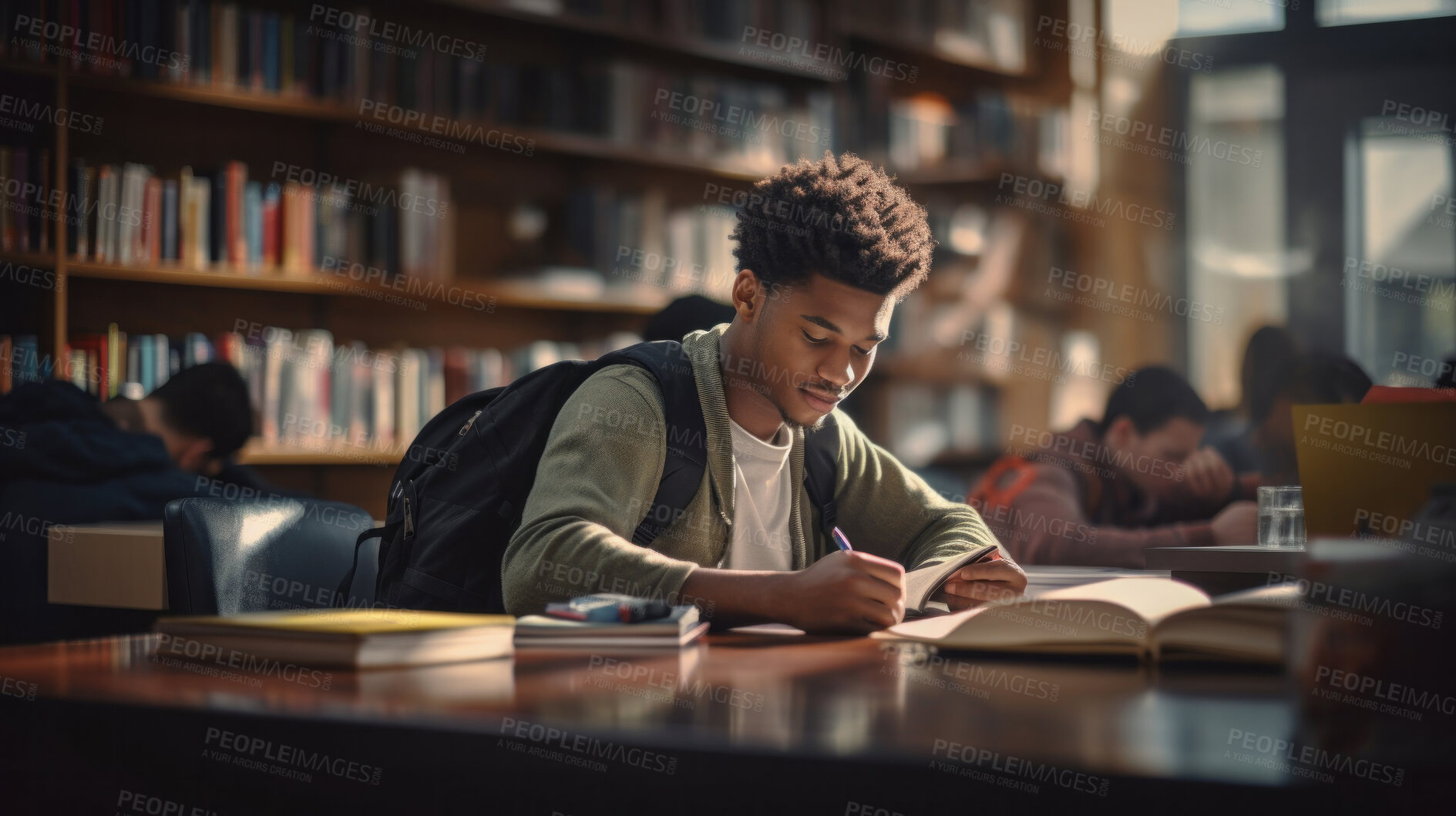 Buy stock photo Student, male and portrait of a young guy doing an assignment or researching on a laptop in a school or college library. Confident, African American, male doing homework in an information centre