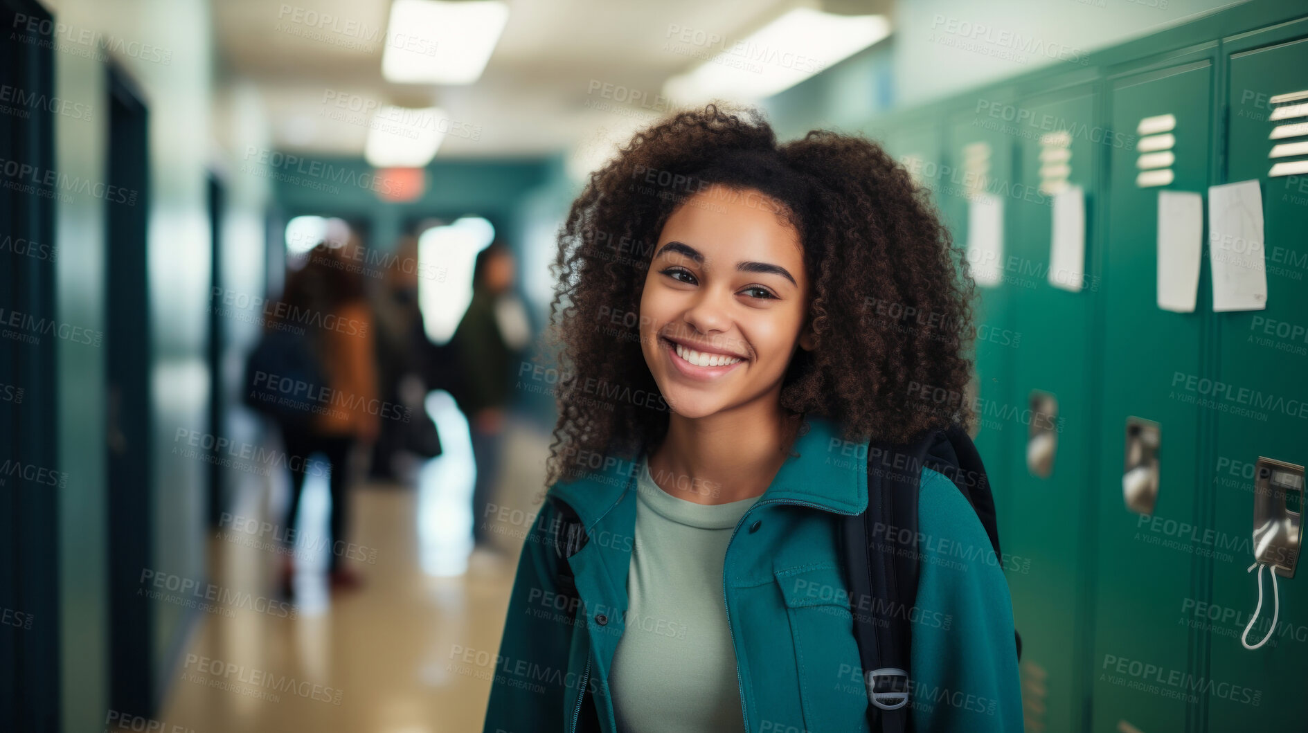 Buy stock photo Happy, woman or student portrait smiling wearing a backpack, at university, college or school. Confident, African American , and motivated youth female for education, learning and higher education