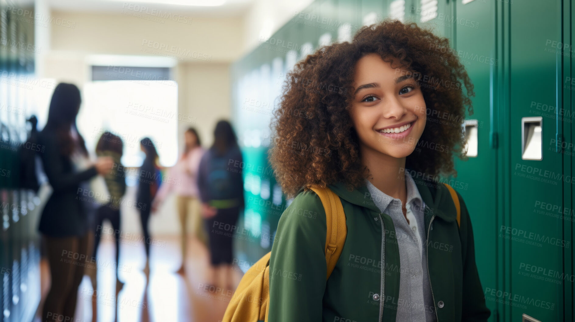 Buy stock photo Happy, woman or student portrait smiling wearing a backpack, at university, college or school. Confident, African American , and motivated youth female for education, learning and higher education