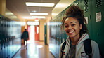 Happy, woman or student portrait smiling wearing a backpack, at university, college or school. Confident, African American , and motivated youth female for education, learning and higher education