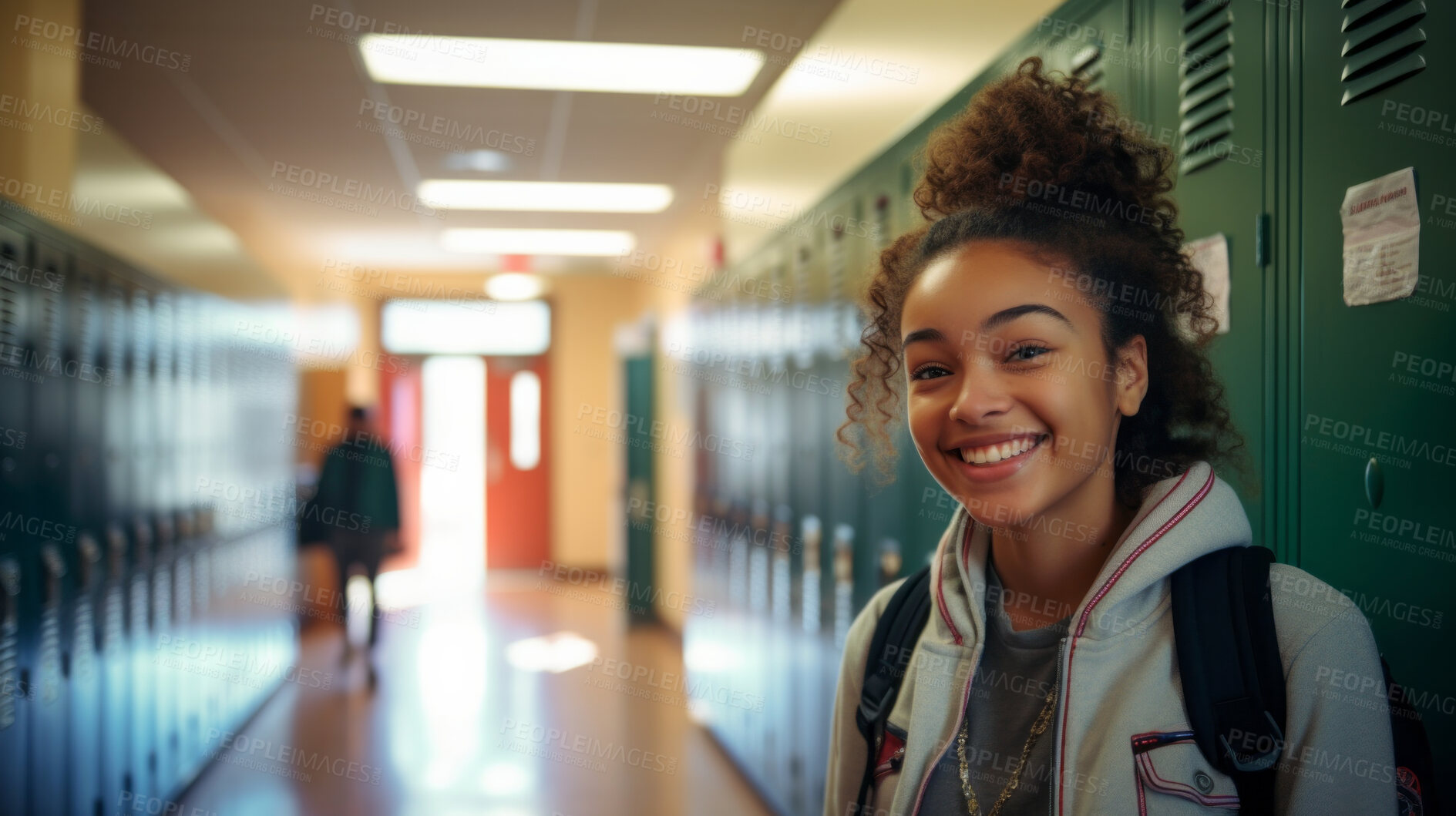 Buy stock photo Happy, woman or student portrait smiling wearing a backpack, at university, college or school. Confident, African American , and motivated youth female for education, learning and higher education