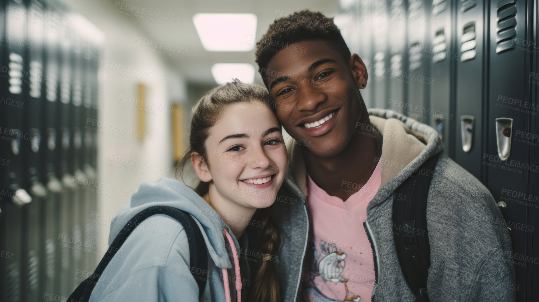 Buy stock photo Happy, interracial couple portrait smiling wearing a backpack, in university, college or school. Confident, loving, and motivated youth male and female for education, learning and higher education