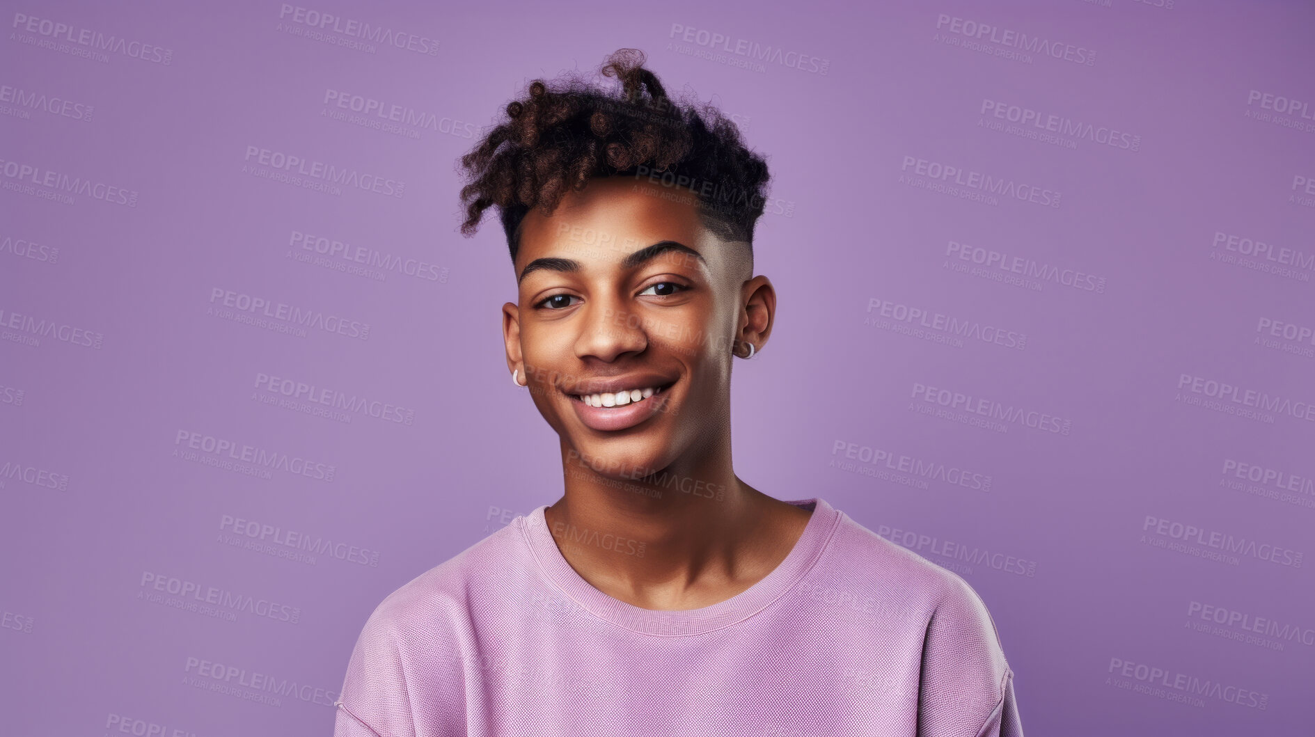 Buy stock photo Happy, teen boy and portrait of a student smiling, high school and education concept with copy-space. Confident, African American male posing against a purple background in studio