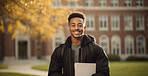 Happy, man or student portrait smiling wearing a backpack, at university, college or school. Confident, African American, and motivated youth male for studies, learning and higher education