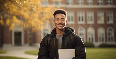 Buy stock photo Happy, man or student portrait smiling wearing a backpack, at university, college or school. Confident, African American, and motivated youth male for studies, learning and higher education