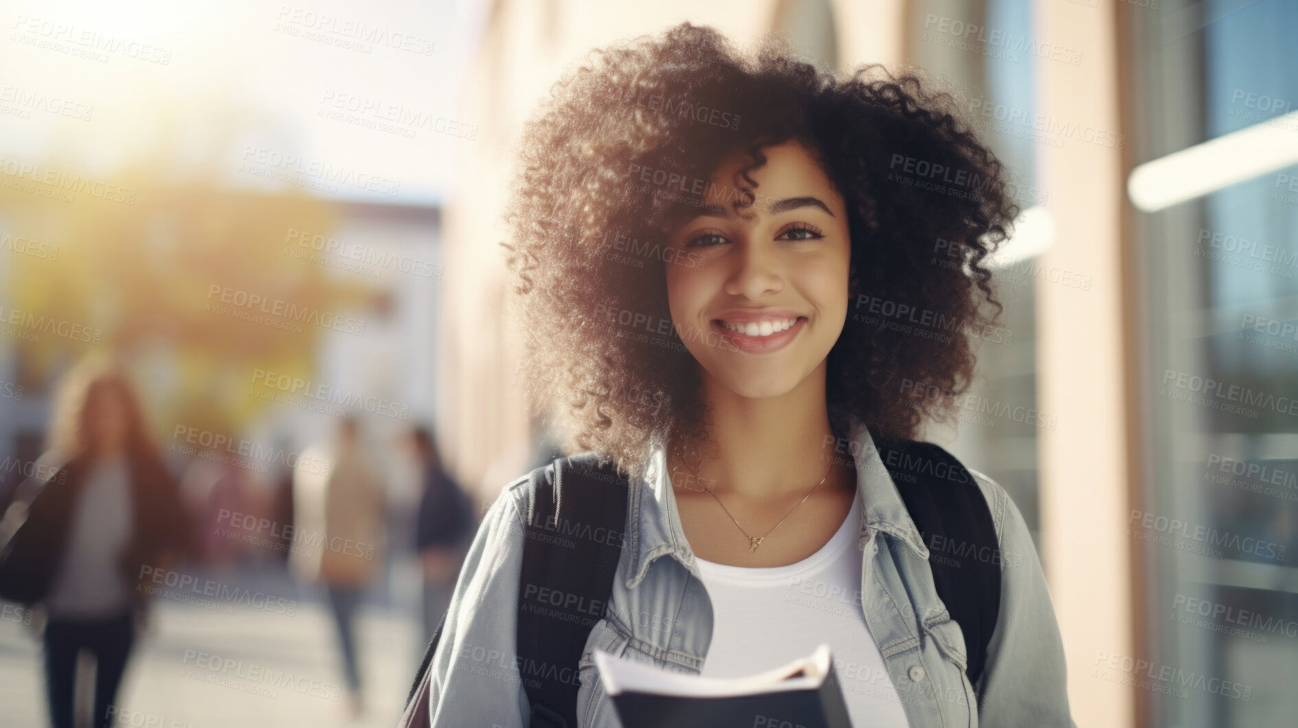 Buy stock photo Happy, woman or student portrait smiling wearing a backpack, at university, college or school. Confident, African American , and motivated youth female for studies, learning and higher education