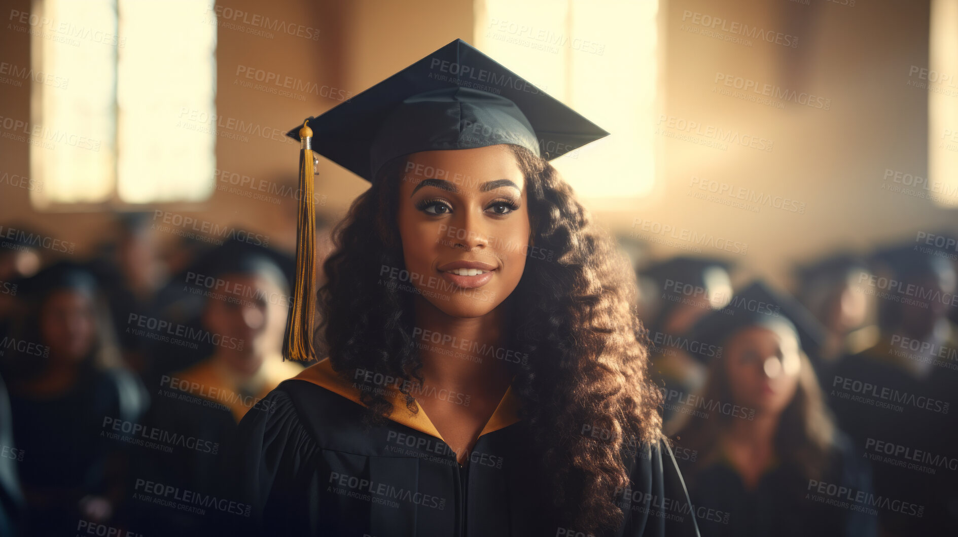 Buy stock photo Happy, woman or graduate portrait of a female smiling wearing a graduation gown and hat, at university, college or school. Confident, African American , and motivated female for education