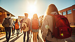 Diverse, students and group of teenagers walking towards school, campus or university for learning and education. Students and friends walking together in summer or sunny day