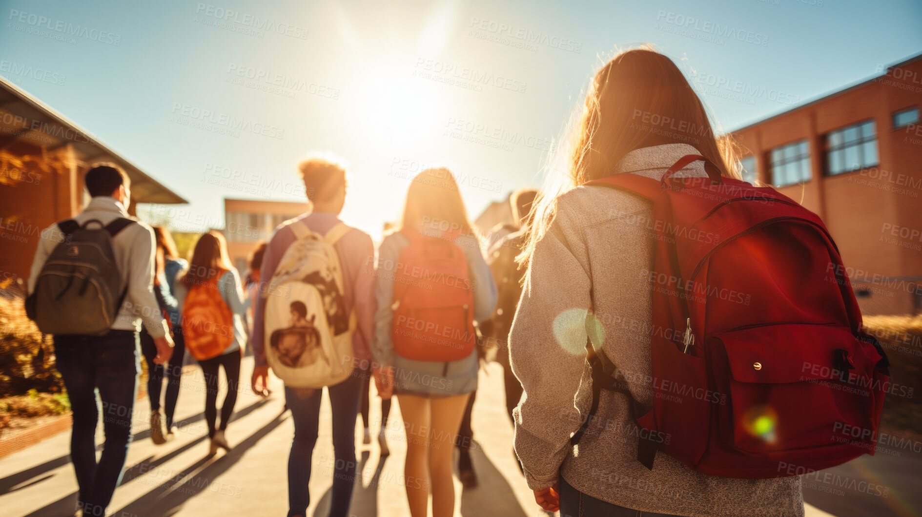 Buy stock photo Diverse, students and group of teenagers walking towards school, campus or university for learning and education. Students and friends walking together in summer or sunny day