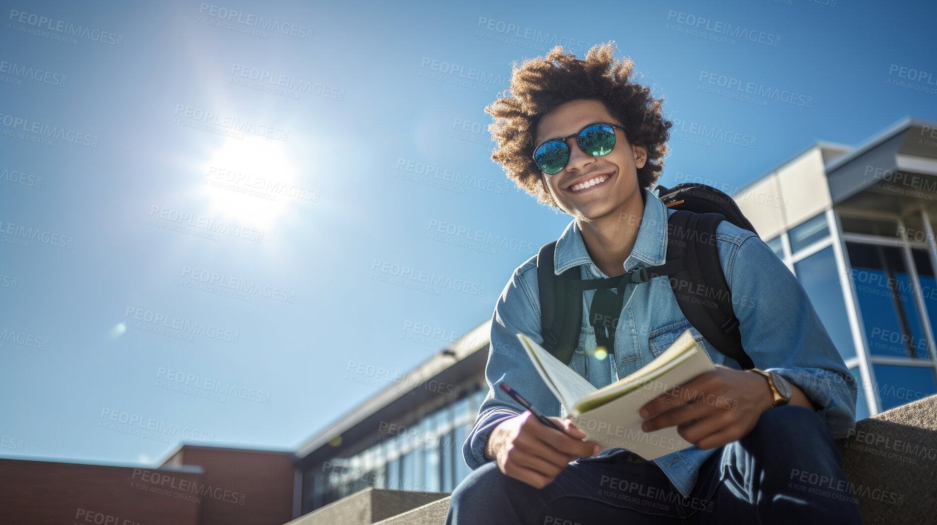 Buy stock photo Happy, man or student portrait smiling wearing a backpack, at university, college or school. Confident, African American, and motivated youth male for studies, learning and higher education