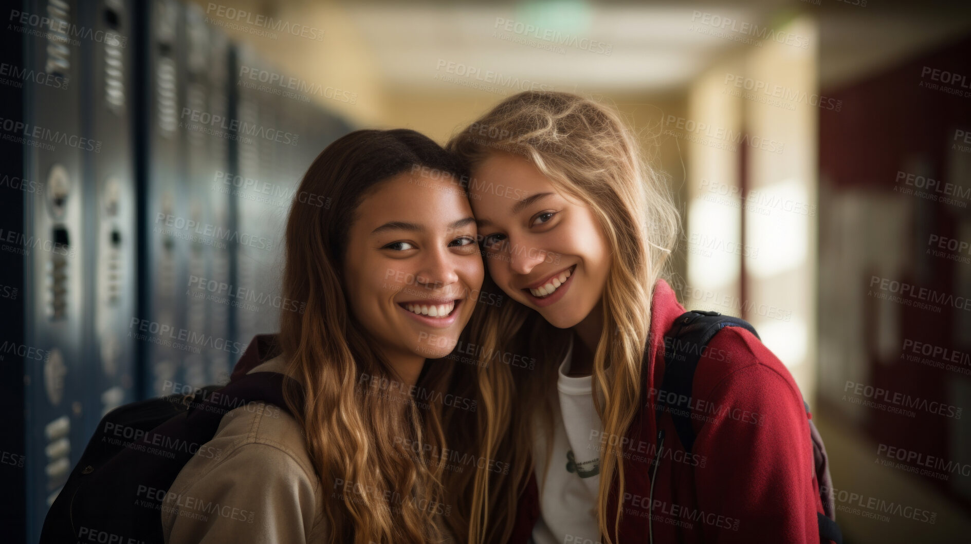 Buy stock photo Happy, best friends and women portrait smiling wearing a backpack, in university, college or school. Confident, hugging, and playful youth female for studies, learning and higher education