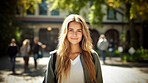 Happy, woman or student portrait smiling wearing a backpack, at university, college or school. Confident, happy, and motivated youth female for education, learning and higher education