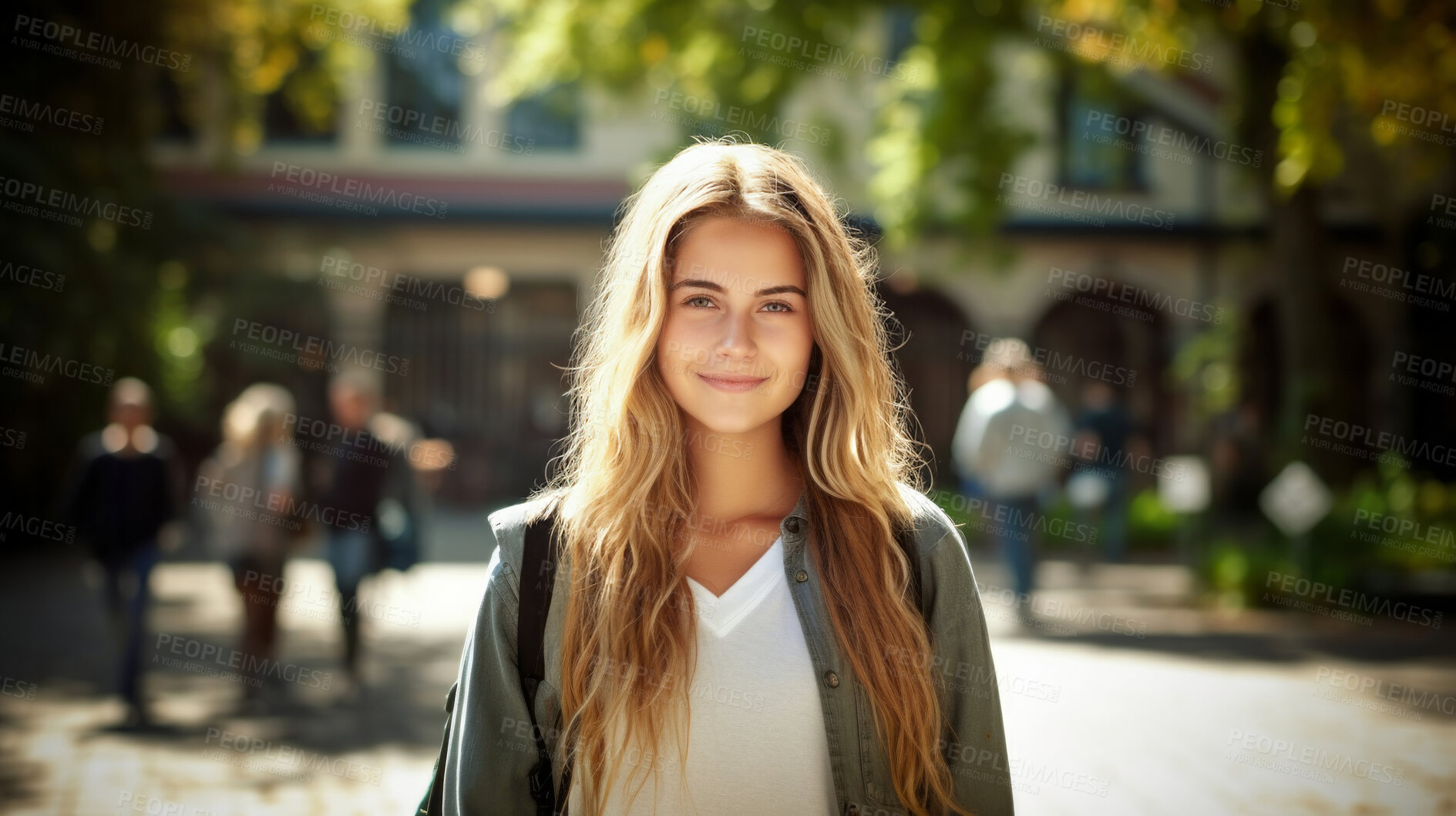 Buy stock photo Happy, woman or student portrait smiling wearing a backpack, at university, college or school. Confident, happy, and motivated youth female for education, learning and higher education