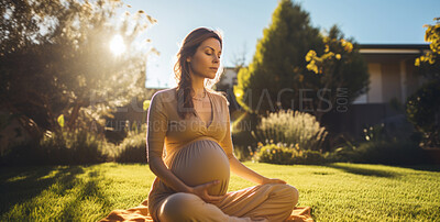 Buy stock photo Pregnant, woman, meditate or breathing exercises in garden or nature, for healthy pregnancy and preparing for childbirth. Mom to be practicing mindful meditation  for mental health, peace and healthy baby