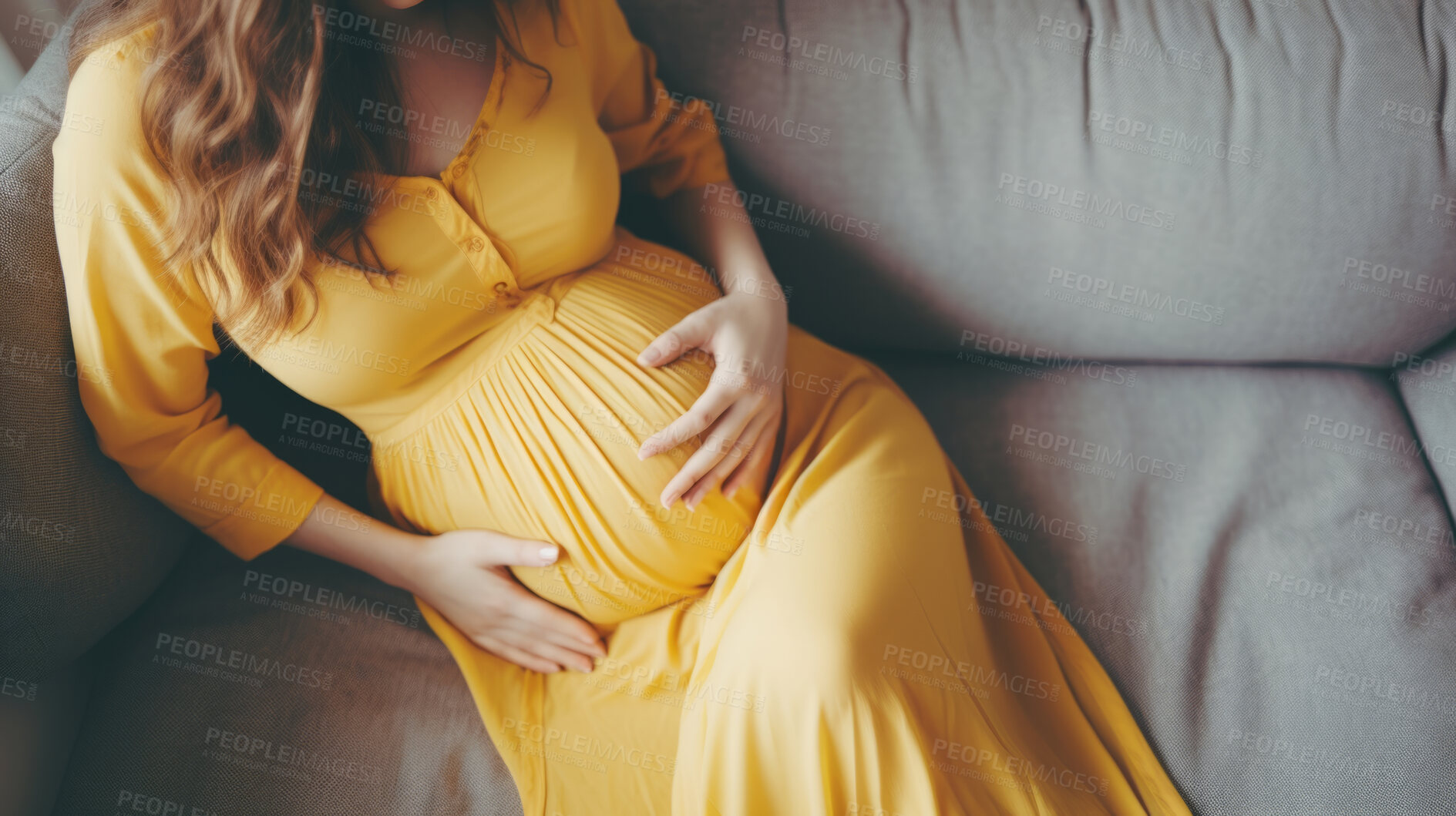 Buy stock photo Pregnant, woman and mother touching or caressing her belly while relaxing at home. Expecting, mom to be and cropped of a female rubbing her stomach and preparing for motherhood and childbirth