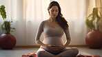 Pregnant, woman, meditate or breathing exercises at home for healthy pregnancy and preparing for childbirth. Mom to be practicing mindful meditation  for mental health, peace and healthy baby
