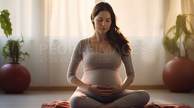 Buy stock photo Pregnant, woman, meditate or breathing exercises at home for healthy pregnancy and preparing for childbirth. Mom to be practicing mindful meditation  for mental health, peace and healthy baby