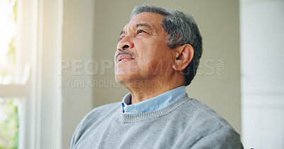 Buy stock photo Thinking, nostalgia and senior man at a nursing home window with memory, moment or relax. Remember, face and elderly male person in a living room with reflection, calm or chilling in retirement