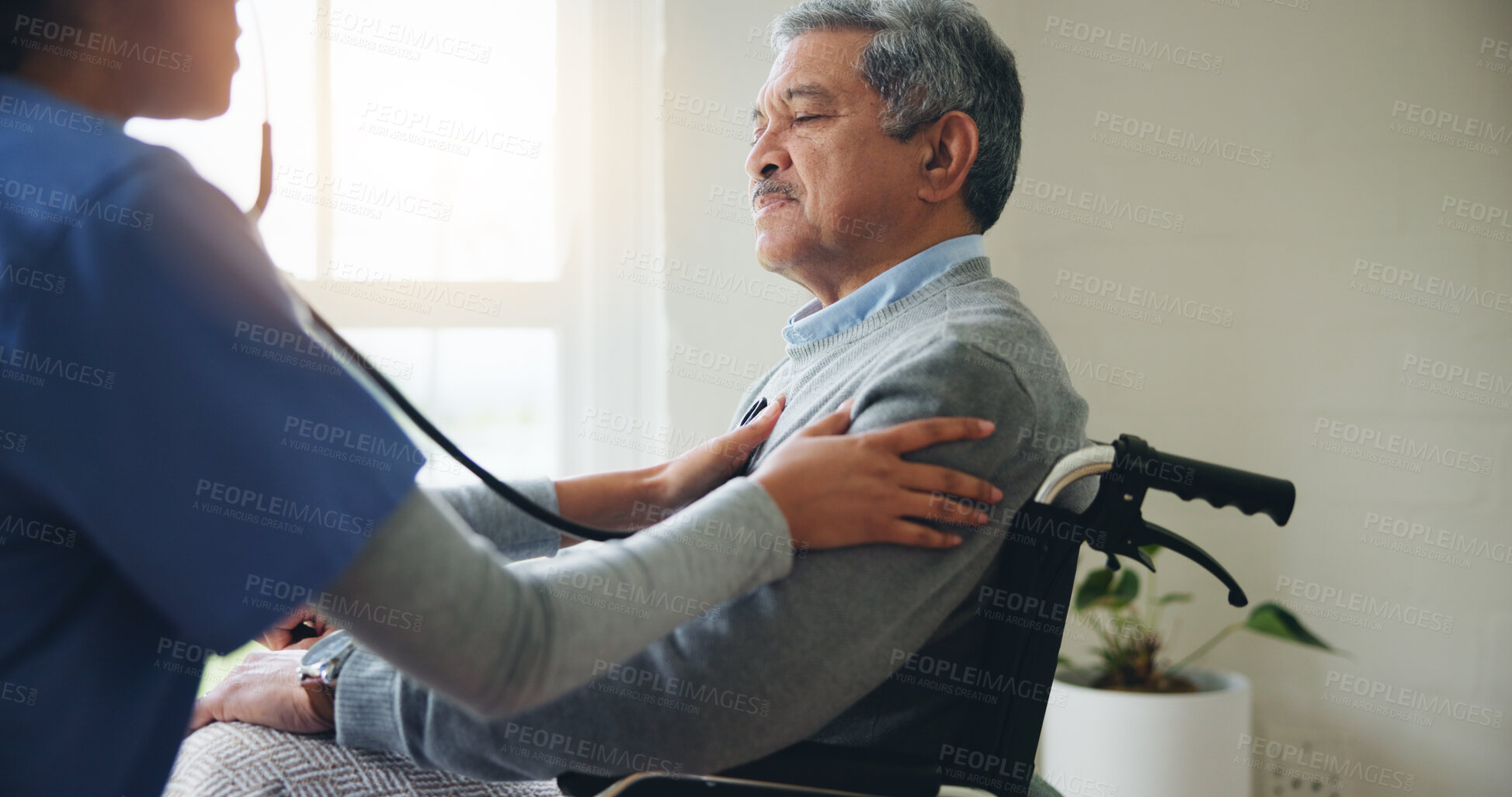 Buy stock photo Man, nurse and senior in wheelchair for blood pressure, monitoring or elderly care at old age home. Doctor or medical caregiver for BPM stethoscope of mature patient person with a disability at house