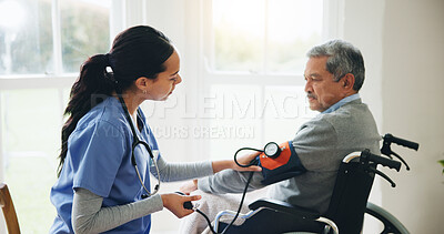 Buy stock photo Man, caregiver and senior in wheelchair for blood pressure, monitoring or elderly care at old age home. doctor or medical nurse checking BPM of mature patient or person with a disability at house