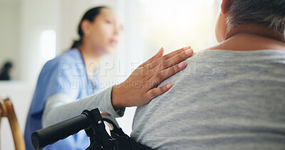 Buy stock photo Woman, hand and nurse with patient in wheelchair for elderly care, support or trust at old age home. Closeup of medical doctor or caregiver listening to person with a disability for health advice