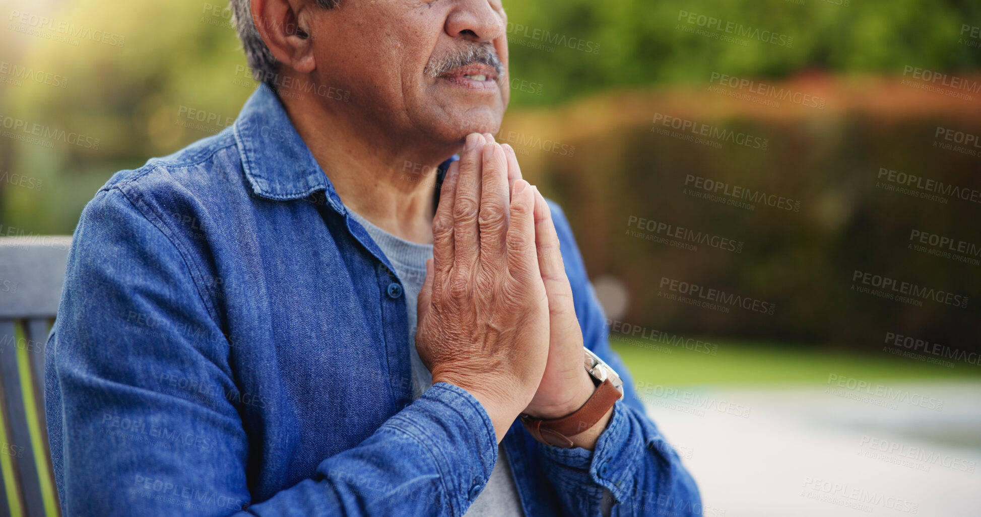 Buy stock photo Elderly, man or hands praying outdoor for religion, worship and support for jesus christ in garden of home. Senior, person and prayer for thank you, gratitude and trust in God for praise or salvation