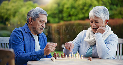 Buy stock photo Senior couple, chess game or thinking of strategy, plan or mental health for brain power at home. Elderly woman, old man or playing board match for problem solving or challenge to relax in backyard