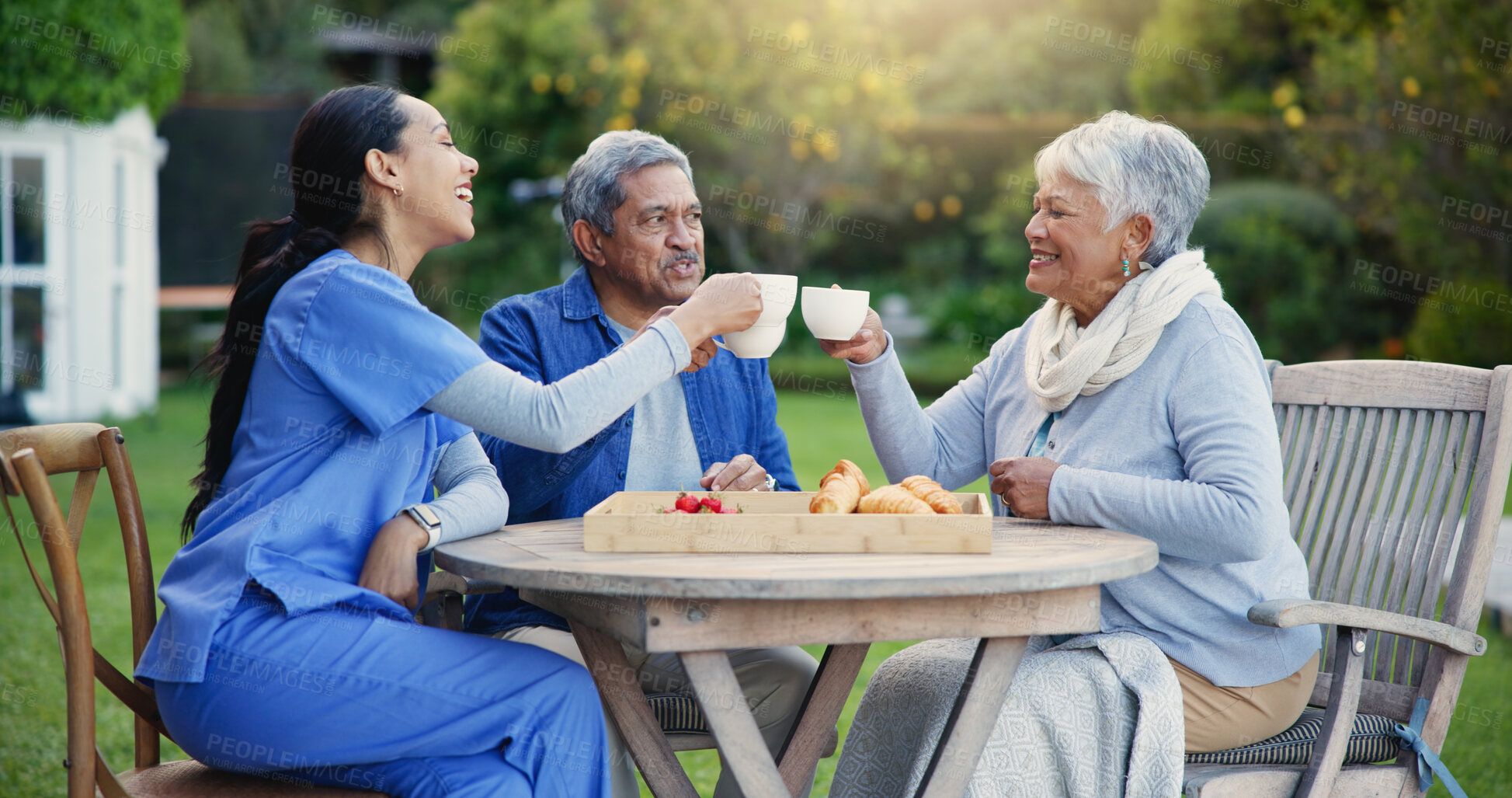 Buy stock photo Nurse, tea or people cheers in elderly care, retirement or healthcare support at park or nature. Caregiver, senior man or old woman with coffee toast, meal or outdoor snack together for wellness 