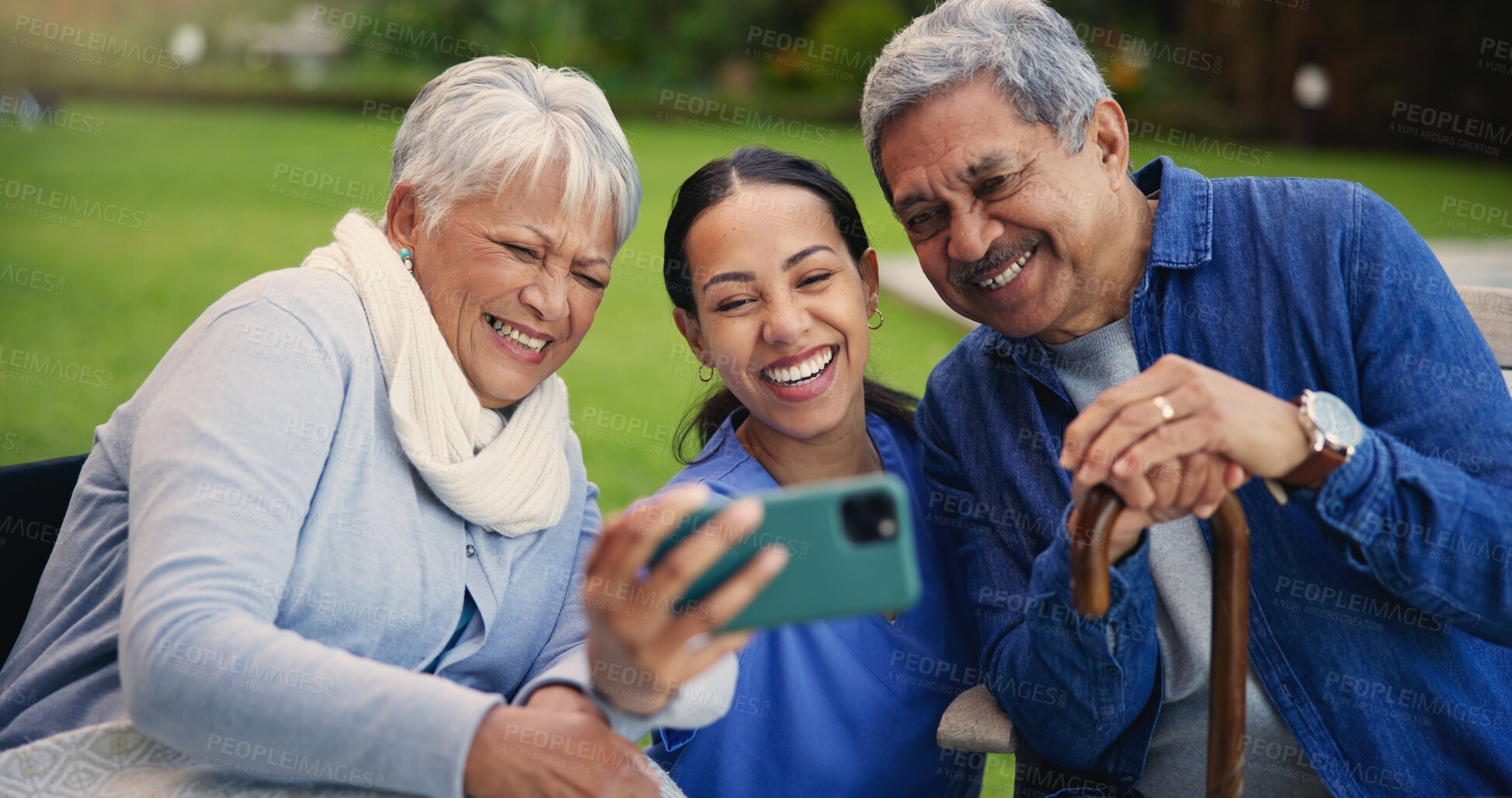 Buy stock photo Happy woman, doctor and senior people in selfie for photography, elderly care or retirement in nature. Medical nurse or caregiver smile with mature couple for picture, photograph or memory at park