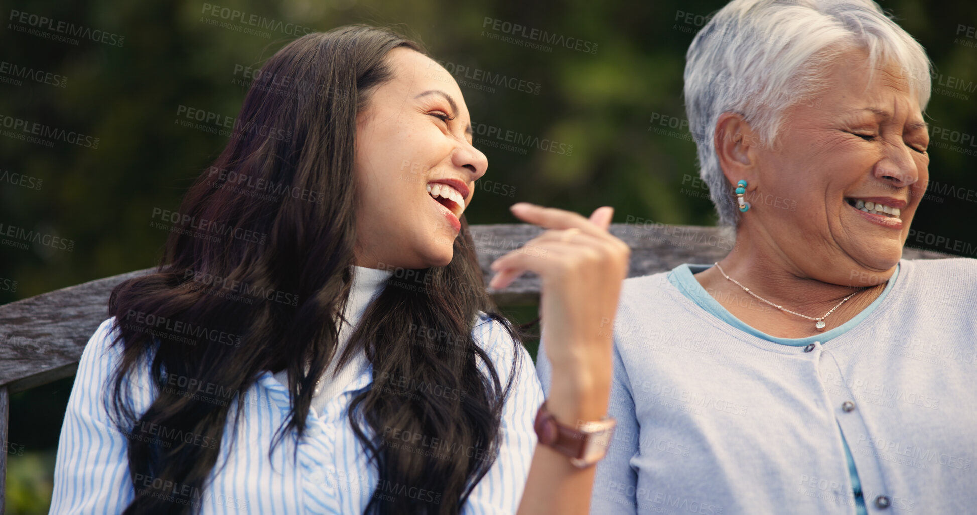 Buy stock photo Laughter, senior and mother with daughter on bench, nature and comedy joke for wellness in park. Mature person, happy and woman for together in lounge, bonding and love care with funny chat in garden