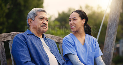 Buy stock photo Retirement, old man and nurse on a bench in the park together for nostalgia or thinking of a memory. Summer, healthcare and a woman caregiver in a garden with a senior patient for conversation