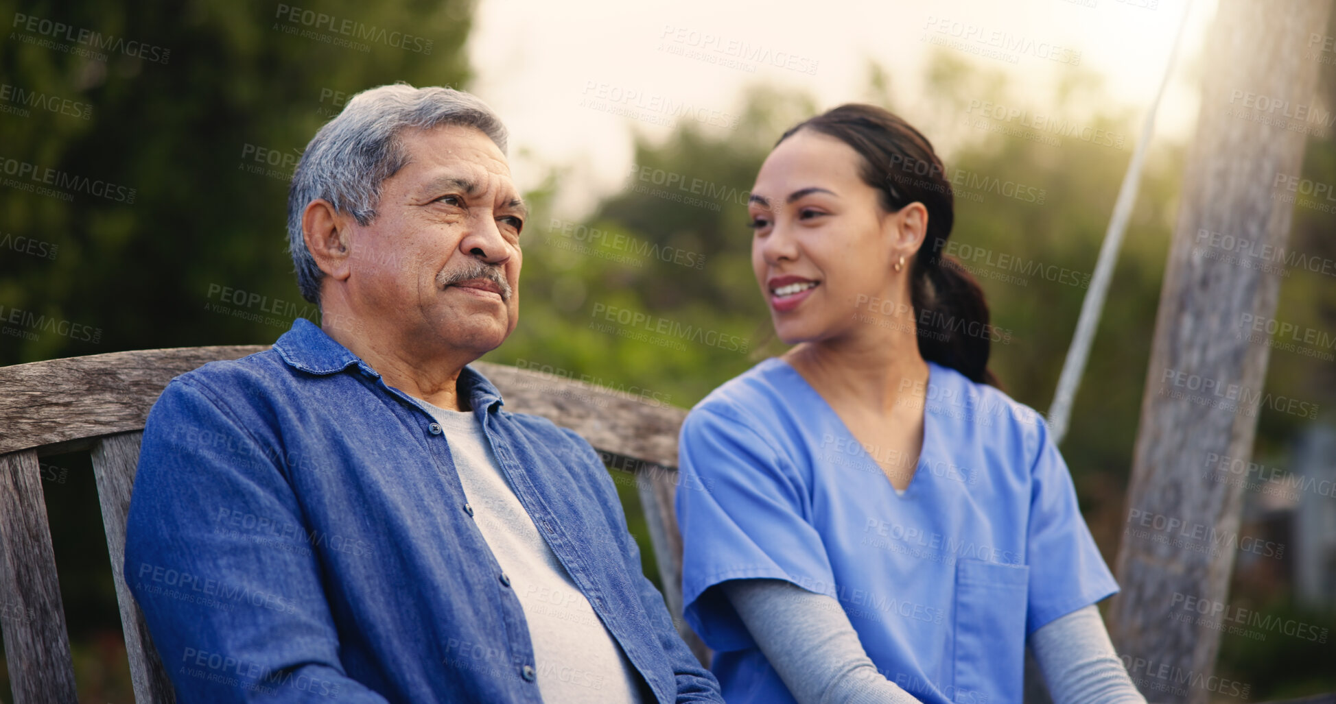 Buy stock photo Retirement, old man and nurse on a bench in the park together for nostalgia or thinking of a memory. Summer, healthcare and a woman caregiver in a garden with a senior patient for conversation