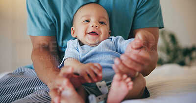 Buy stock photo Happy baby, father and bed with cute smile in relax for morning, playing or wakeup at home together. Closeup of parent, dad or little boy and face of adorable new born enjoying bonding in bedroom