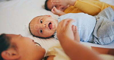 Buy stock photo Family, love and sisters with baby on a bed for bonding, relax and conversation at home together. Happy, newborn and girl children lying with newborn boy in a bedroom with comfort, security or care