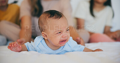 Buy stock photo Crying, sad or baby with mother in bed for comfort, safety and attention while hungry, sick or tired. Noise, angry infant or young child upset with woman babysitter, mommy or nanny in family home